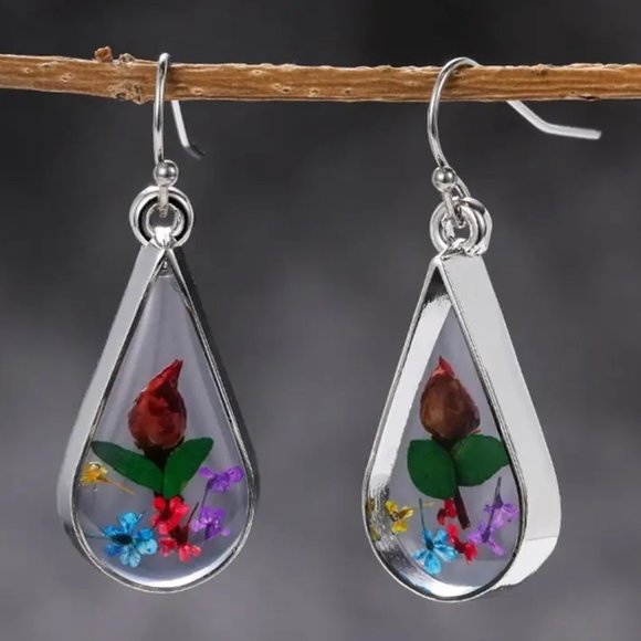 Handmade 925 Silver Plated Dried Flower Teardrop Hook Earrings - NEW - Picture 2 of 4